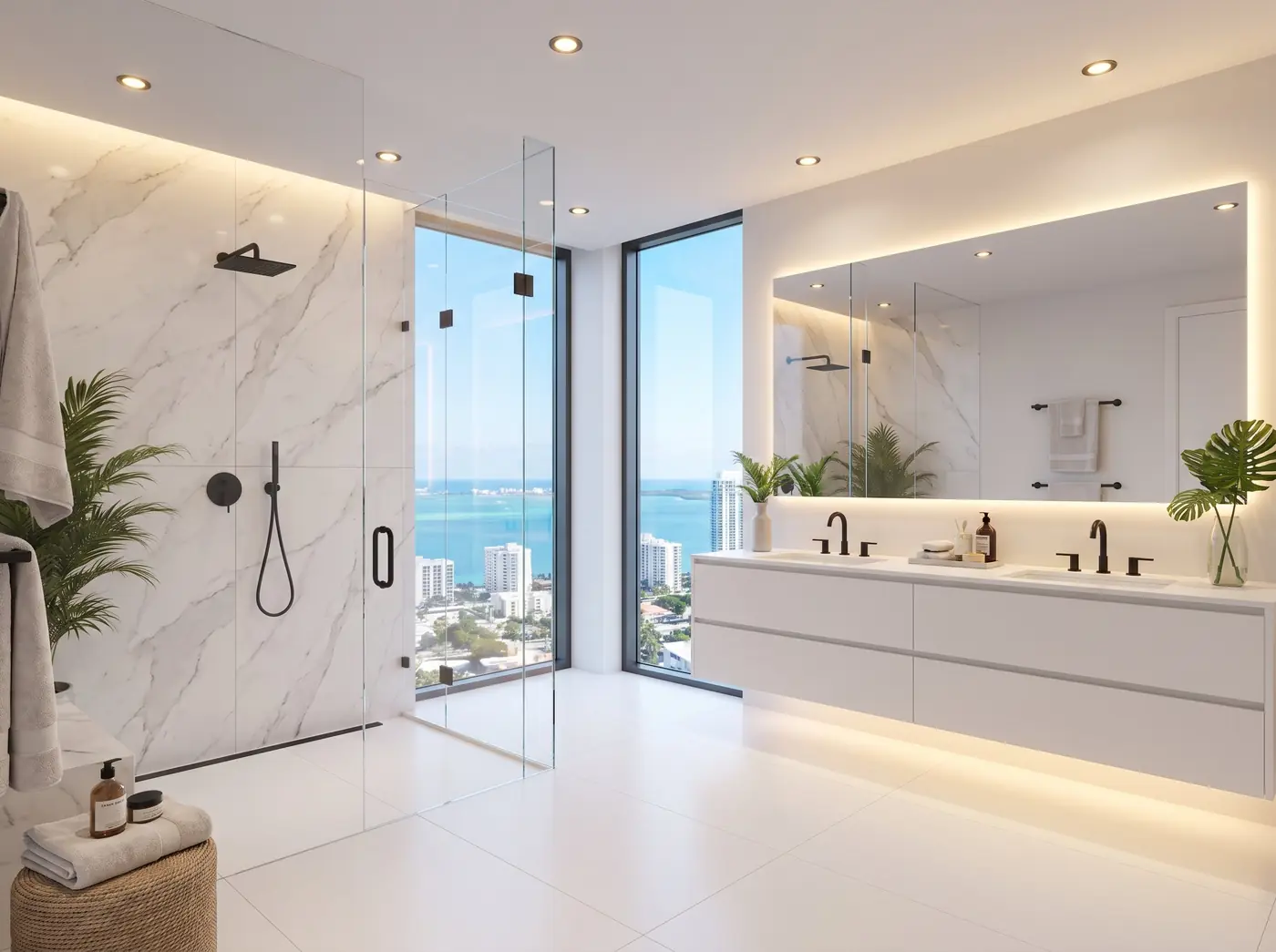 A finished primary bath with ocean views