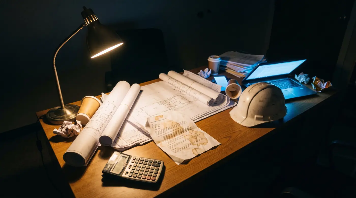 Plans, a calculator and a hard hat on a desk at night