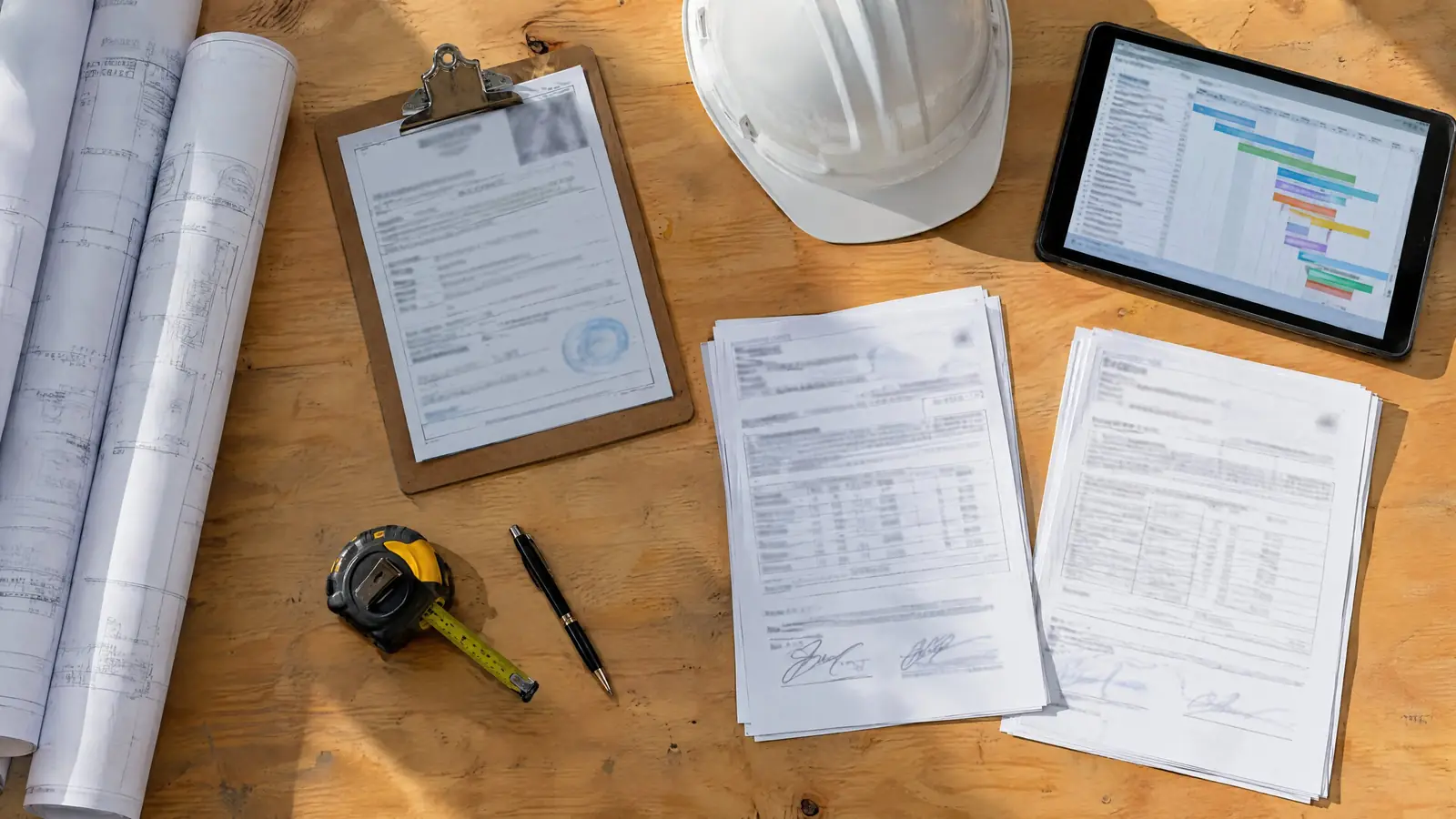 A job file with plans, a tablet schedule and signed paperwork