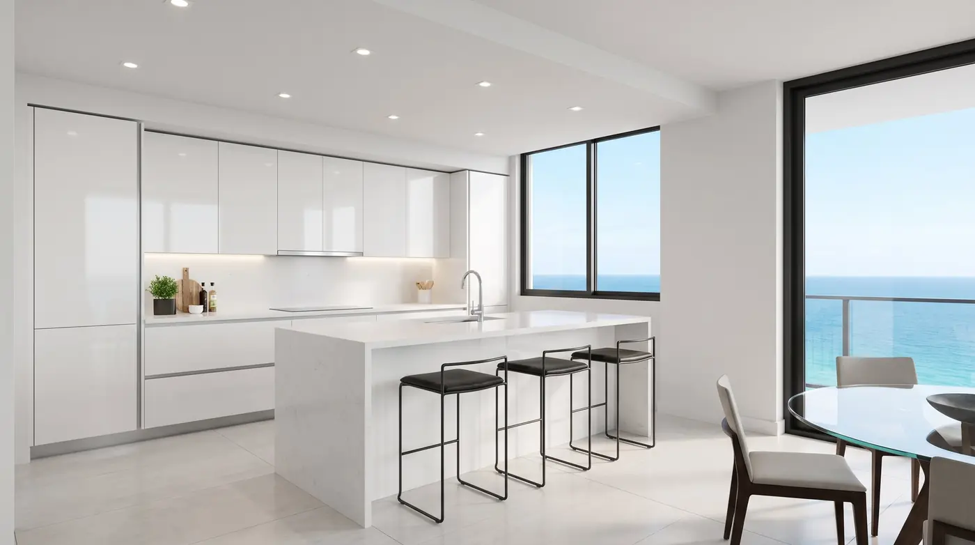A rendered finished kitchen