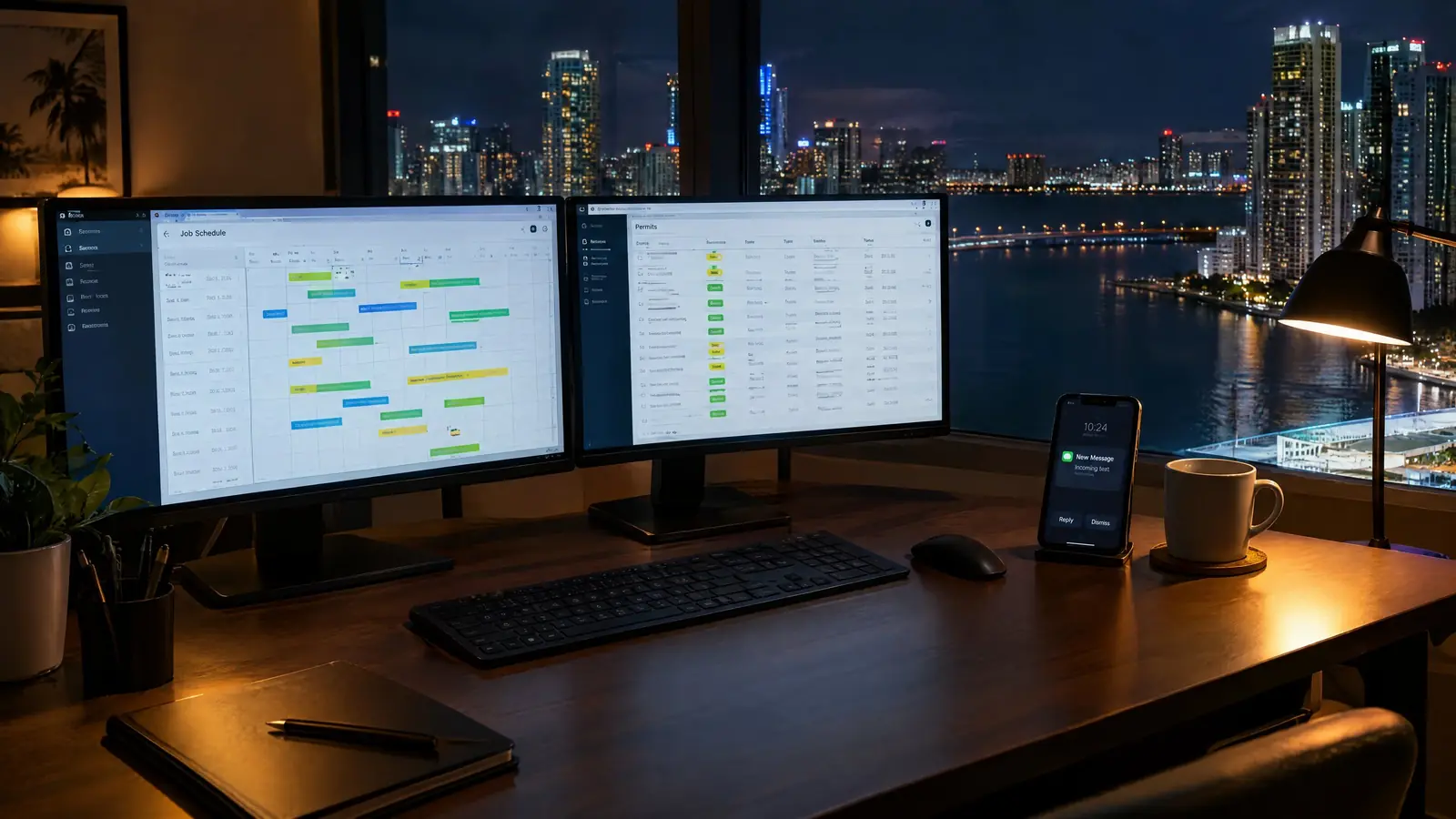 A project operations desk at night