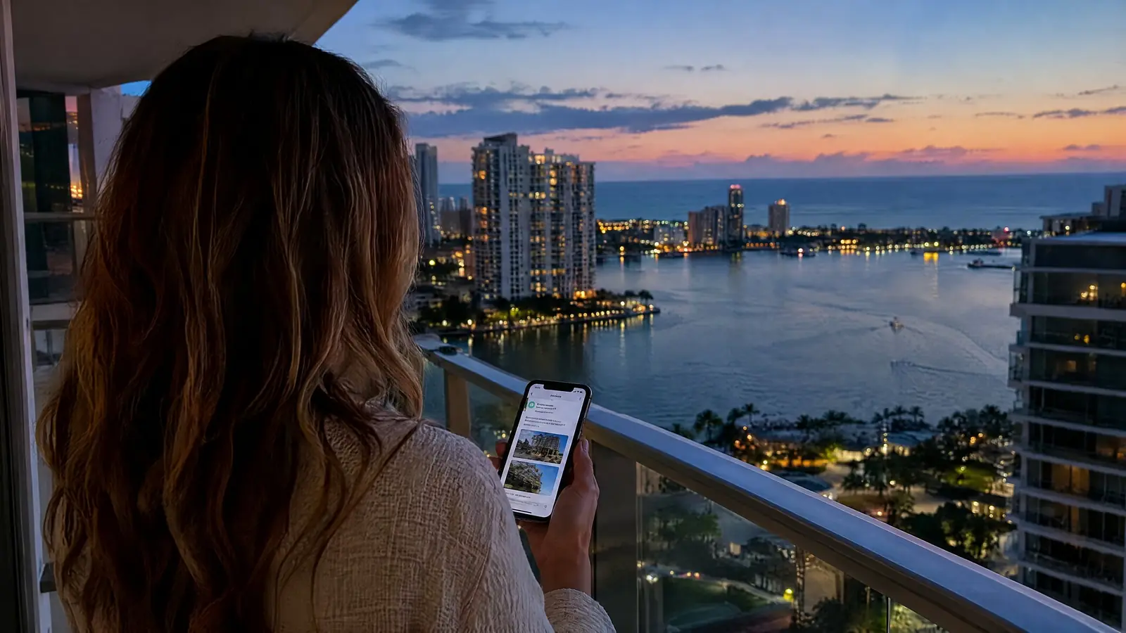 An owner checking her project on her phone at dusk