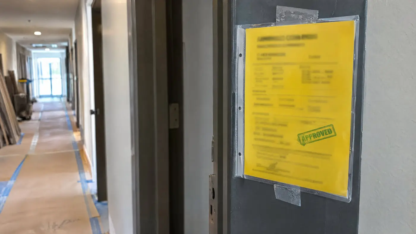 A permit card posted on site