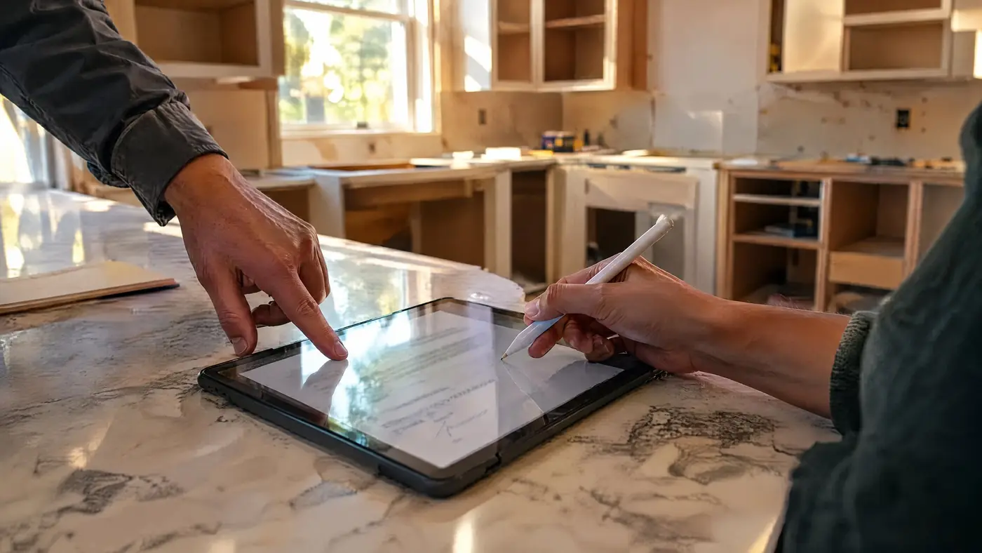 An owner signing a change order on a tablet