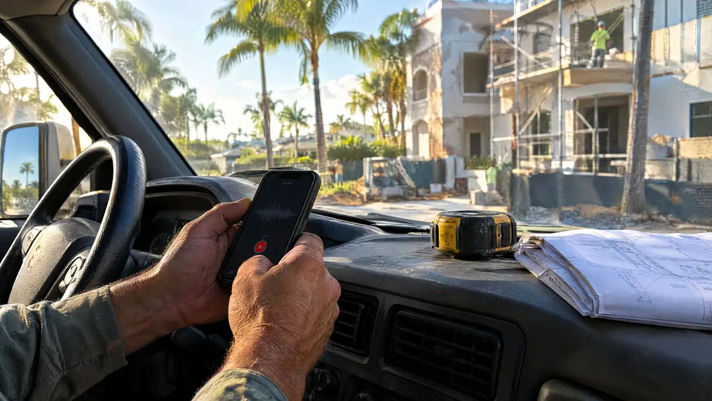 A contractor recording a voice note from the truck
